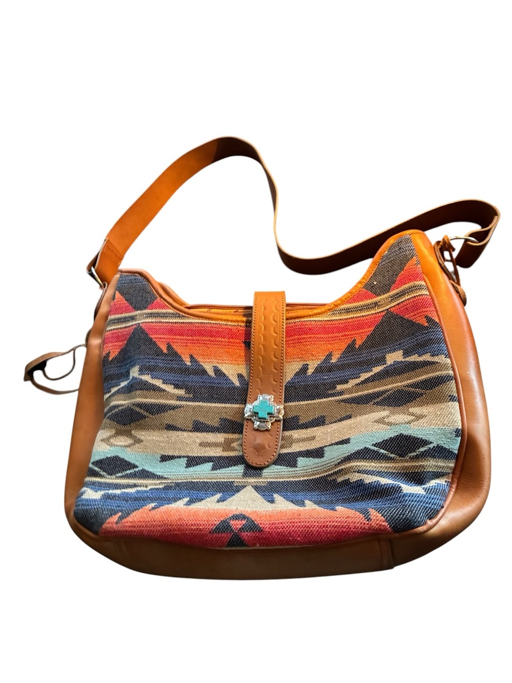 Ariat Southwestern Pattern Tan Leather-Trim Shoulder Bag w fringe Large tooled